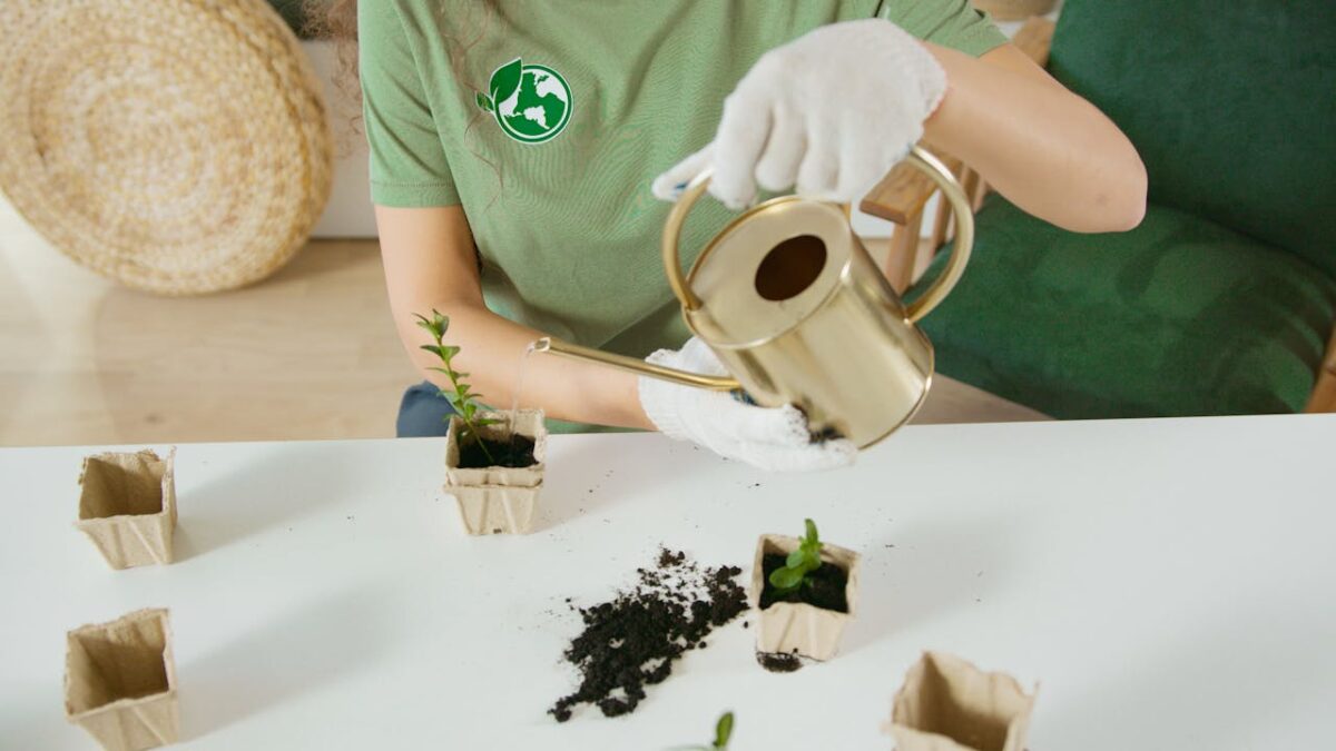 Person watering plants in biodegradable pots, promoting sustainable indoor gardening.